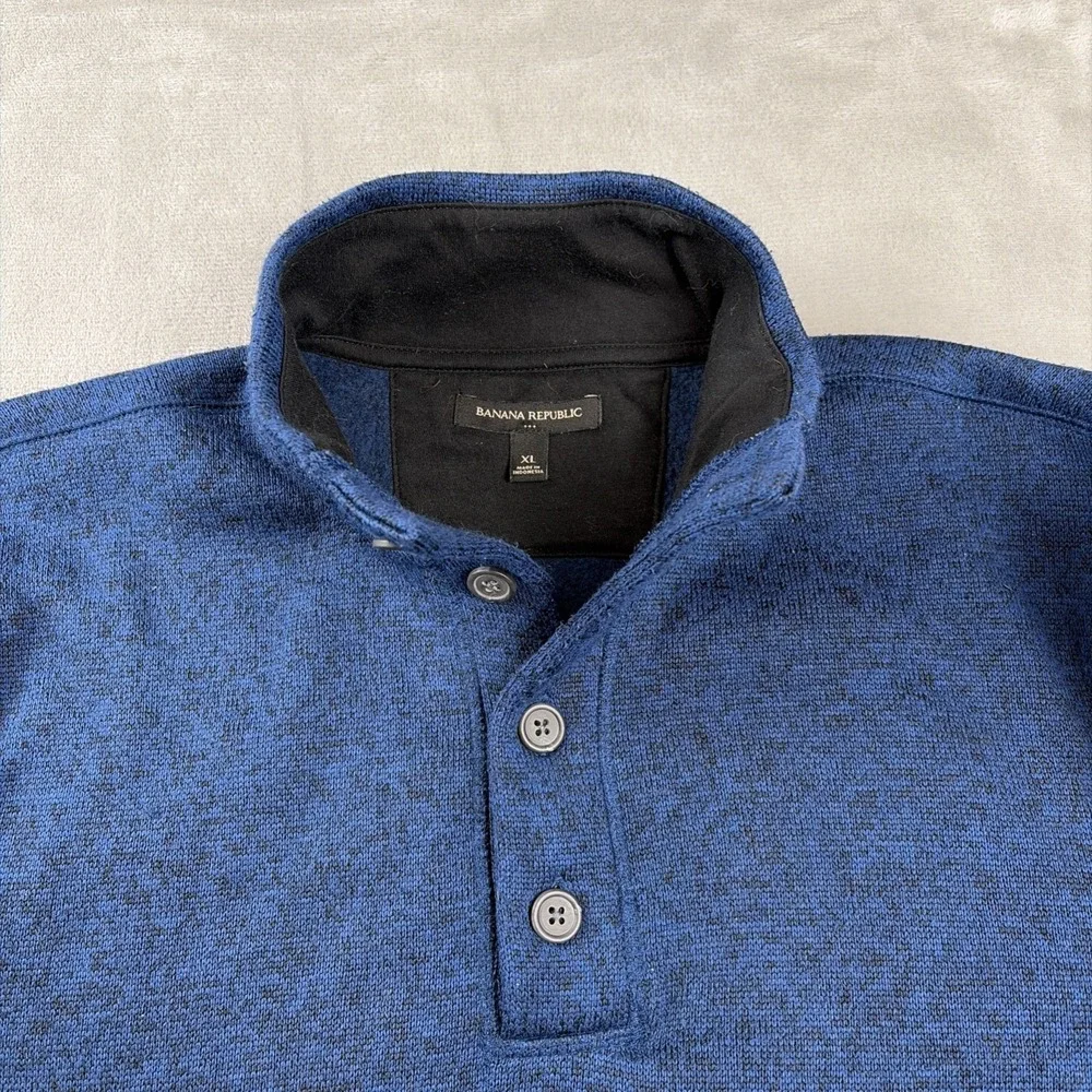 Banana Republic Pullover Mens XL Blue Marled Button Mock Neck Sweater Pockets